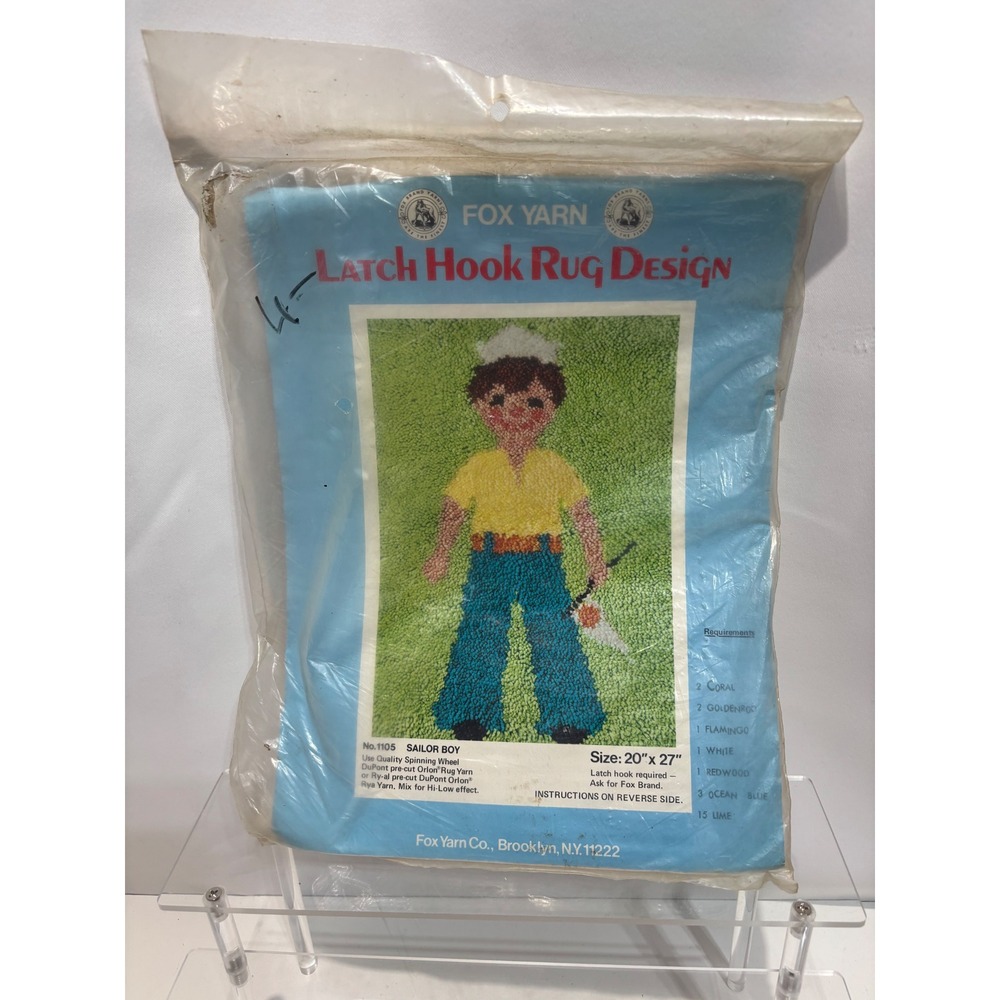 Fox Yarn Latch Hook Rug Design Sailor Boy 20x27 Blue Yellow Vintage Kit 1105
